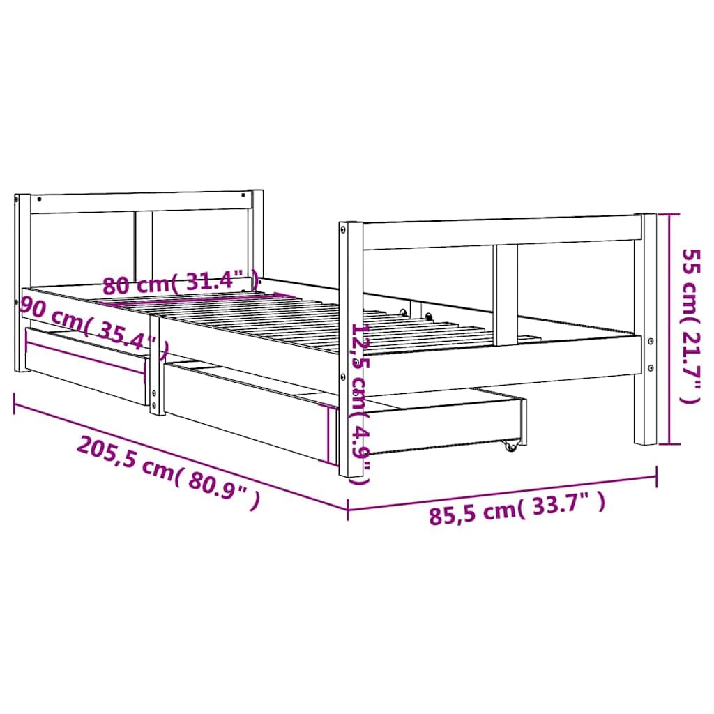 vidaXL Estructura de Cama para Niños con Cajones, Somier Infantil con Cabecero, Marco de Cama, Mueble para Dormitorio, Madera de Pino Blanco 80x200 cm