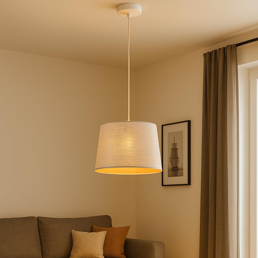 Lampadario a Sospensione con Paralume in Metallo Ø35cm | Attacco E27 max 60W | Altezza Regolabile 140cm | Interno Dorato per Luce Avvolgente | Design Moderno per Cucina, Camera, Ingresso (Bianco)