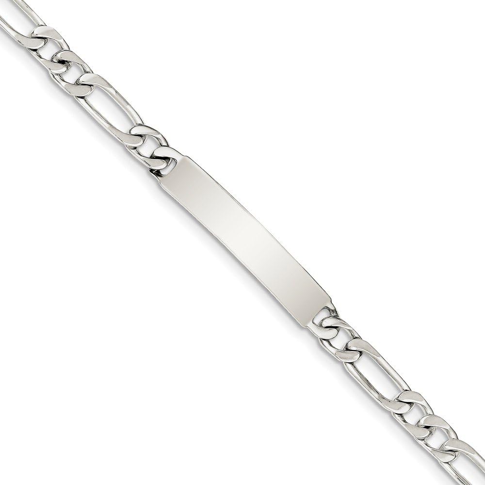 Solid 925 Sterling Silver 8inch Engravable Figaro Link ID Bracelet Engravable Identification Name Bar Tag - with Secure Lobster Lock Clasp 8" (Width = 7mm)