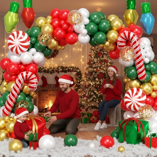 Image of 164Pcs Christmas Balloon Arch Garland Kit Xmas Red White Green Gold Latex Balloons Light Bulb Candy Cane Gift Box Foil Balloons Arch Kit for Christmas New Year Party Birthday Party Decorations
