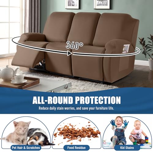 Image of TAOCOCO Recliner Sofa Slipcover, 3 Pieces Polyester Fabric Stretch Sofa Covers for 3 Seat Reclining Couch, Soft Washable Furniture Protector with Pockets (3 Seat, Light Coffee)