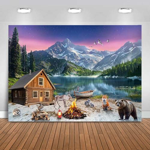 Fitumiw Polar Animals Arctic Adventure Backdrop 7x5ft Aurora Snow Mountain Photography Background Party Decorations Campfire Camping Banner Photo Booth Props