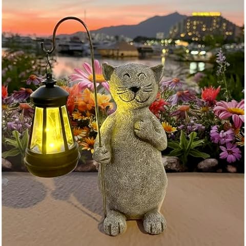 lightsfever Animal Garden Statue with Solar Lantern, Cute for Patio,Balcony,Yard, Lawn, Gift for Grandma, Garden Gifts Women, Outdoor Decor, Gardening Gifts (Gray Cat) Cover