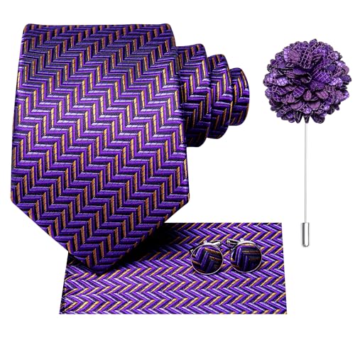 Image of Hi-Tie Men Silk Ties Set with Flower Lapel Pin Necktie Pocket Square Cufflinks for Tuxedo Wedding Business