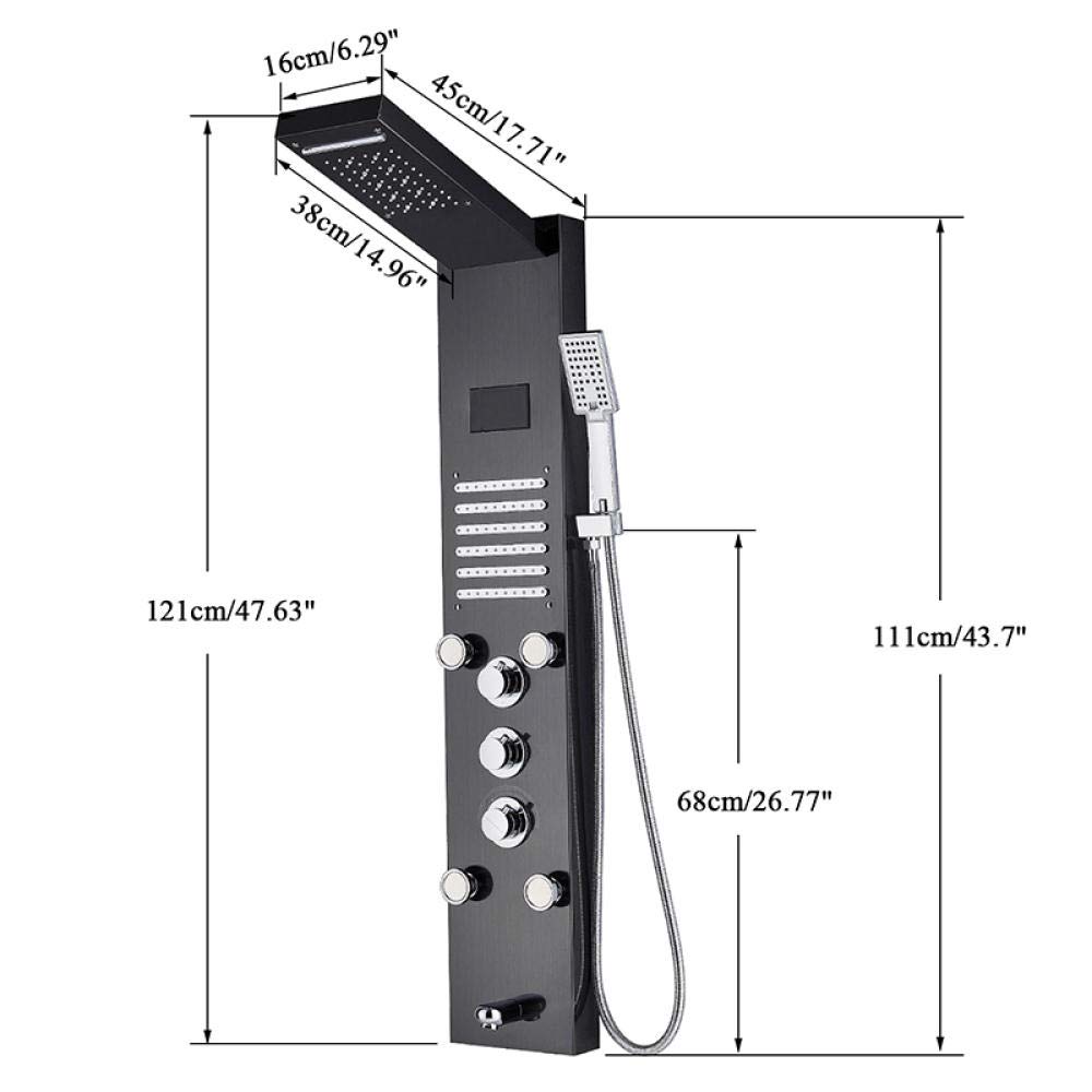Pannello Doccia LED Nero con Display LCD, Cascata a Pioggia e getti Portatili, Sistema di Colonna di Montaggio a Parete della valvola Ceramica