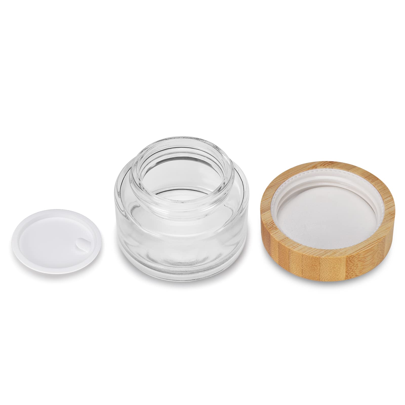 1.7 OZ/50 ML Clear Round Glass Jars with Bamboo Wood lids and Inner Liners, Travel Glass Jars, Refillable Cosmetic Containers for Lip Balm, Ointments, Lotion, Makeup, Eyeshadow, Slime, Paint and Creams (4 Packs)