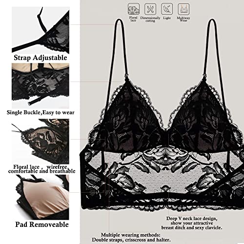 Sutiã sexy floral renda bralette sem aro longo Cami Top decote decote profundo alça espaguete conver