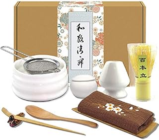Artcome 10Pcs Japanese Matcha Tea Set, Matcha Bowl, Matcha Whisk, Whisk Holder, Traditional Scoop, Tea Spoon, Tea Cloth, Bamboo Holder, Scoop Holder, Matcha Powder Caddy, Matcha Powder Strainer(White)