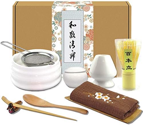 Artcome 10Pcs Japanese Matcha Tea Set, Matcha Bowl, Matcha Whisk, Whisk Holder, Traditional Scoop, Tea Spoon, Tea Cloth, Bamboo Holder, Scoop Holder, Matcha Powder Caddy, Matcha Powder Strainer(White)