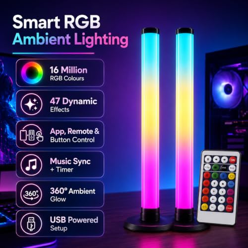 Image of One94Store RGB LED Gaming Light Bars (2 PCS) | Smart Ambient Lights with App, Remote & Button Control | Music Sync | Dimmable Color Changing Light for TV, PC, Gaming Room, Bedroom & Party Decor