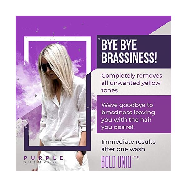 Purple-Shampoo-for-Blonde-Hair-Blonde-Shampoo-Eliminates-Brassy-Yellow-Tones-Lightens-Blonde-Platinum-Ash-Silver-and-Grays-Paraben-Sulfate-Free-Toner-Revitalize-Bleached-Highlighted-Hair BOLD UNIQ Purple Shampoo for Blonde Hair - Toning Shampoo for Blonde, Platinum, Bleached, Grey, Ash, and Silver Hair - Eliminates Brassy, Yellow Tones - Vegan, Paraben & Sulphate Free - 237 ml