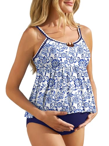 Summer Mae Maternity Two Piece Swimsuit Tankini Ruffle Hem Bathing Suit Shell Stitched Bead Boho...