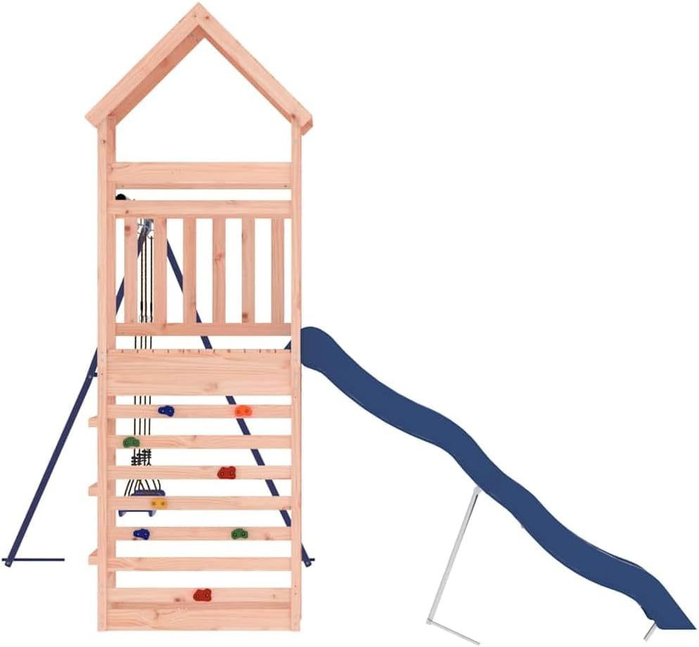 Large Outdoor Wooden Playset for Backyard, Play Tower with Wavy Slide, Double Swing Set, Climbing Wall and Sandpit, Solid Douglas Fir Construction for Kids Ages 3-8