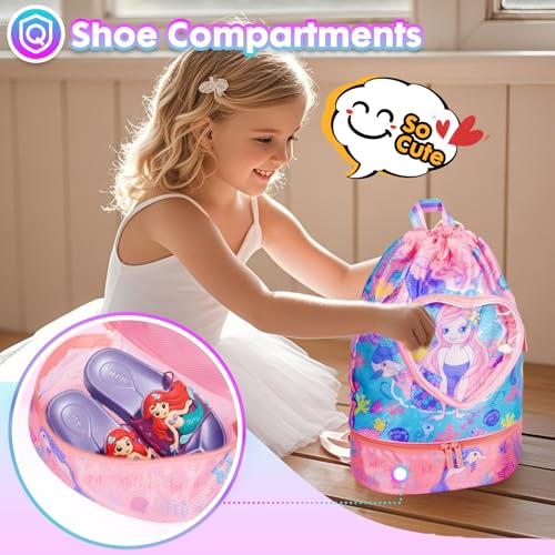 Drawstring Backpack for Kids Girls, Cute Cartoon Mermaid Waterproof Drawstring Bag String Swim Gym Sports Beach Bag with Shoes Compartment and Wet Proof Pocket3