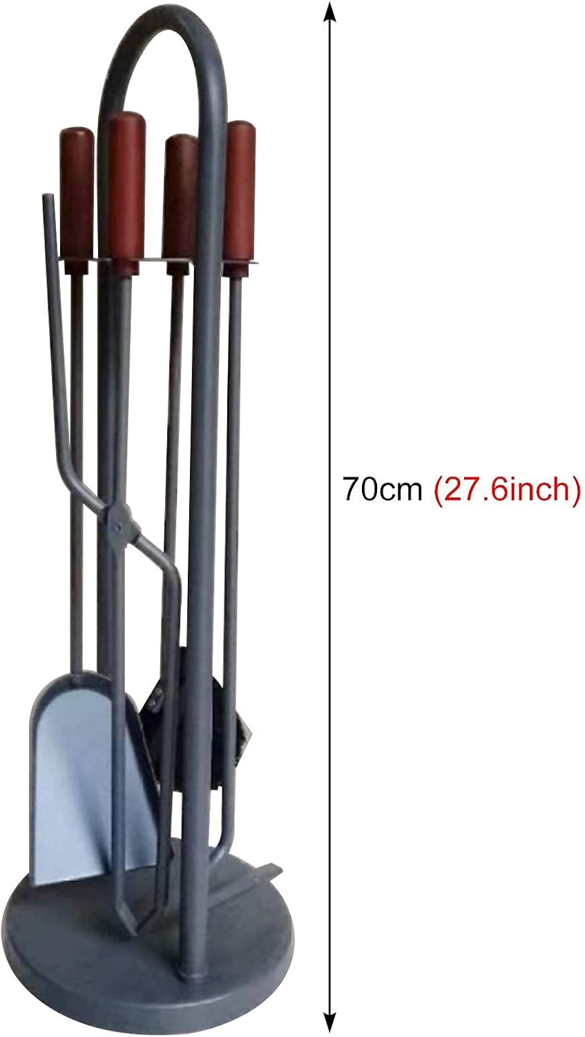 5 Pcs Fireplace Tools Sets with Wooden Handle Indoor Outdoor Wrought Iron Fire Pit Tool and Holder Wood Stove Hearth Accessories Kit Grey