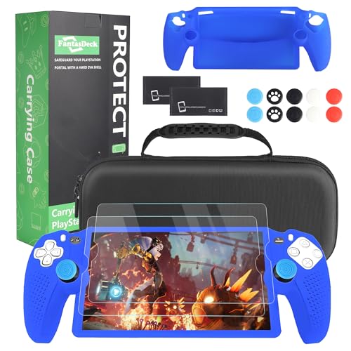Case for Playstation Portal Remote Player, 14 IN 1 Kit Hard Storage Shell Carrying Bag with Soft Silicone Portective Cover, Screen Portector, Thumb Grip Caps – Blue