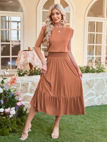 Image of Kikibell Womens Summer Dresses Cap Sleeve Elastic Waist Midi Dress with Pocket Long Causal Sundress Beach Vacation Outfits