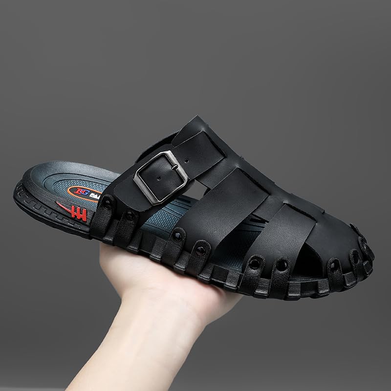 Image of Mens Leather Beach Slides Sandals For Men Closed Toe Hiking Outdoor Athletic Casual Walking Sandals Water Shoes Summer Fisherman