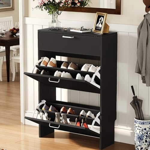 Bonnlo 1 Drawer Shoe Cabinet Freestanding Shoe Storage with 2 Doors Modern Black Shoe Cupboard Space-Saving Easy-Clean Organiser for Entryway Hallway (Black)