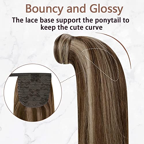 RUNATURE Real Hair Ponytail Extension Brown Highlight Blonde Human Hair Ponytail Straight Ponytail Hair Extensions Real Human Hair 12 Inch 70g - Image 4