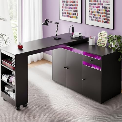 L-Shaped Manicure Table with Storage Cabinet, Drawer & Shelf, Rotating & Convertible Nail Tech Desk, Modern Nail Salon Table with LED Light, Black
