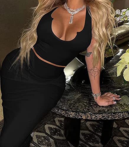 2 Piece Outfit Maxi Dress for Women, Summer Deep U Neck Sleeveless Tank Crop Tops Long Skirt Set Party Bodycon Dresses4