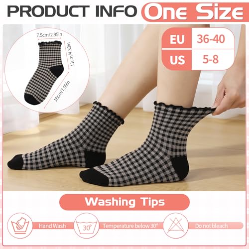 Image of 6 Pairs Women Ruffle Striped Frilly Socks, Cute Checkered Ankle Sock for Women Cotton Knit Casual Crew Socks