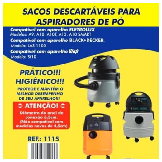 Kit 6 Sacos Aspirador de Pó Descartável para Modelos Electrolux A9, A10, A10T, A10 SMART, A13 / Black+Decker LAS 1100 / WAP ST10