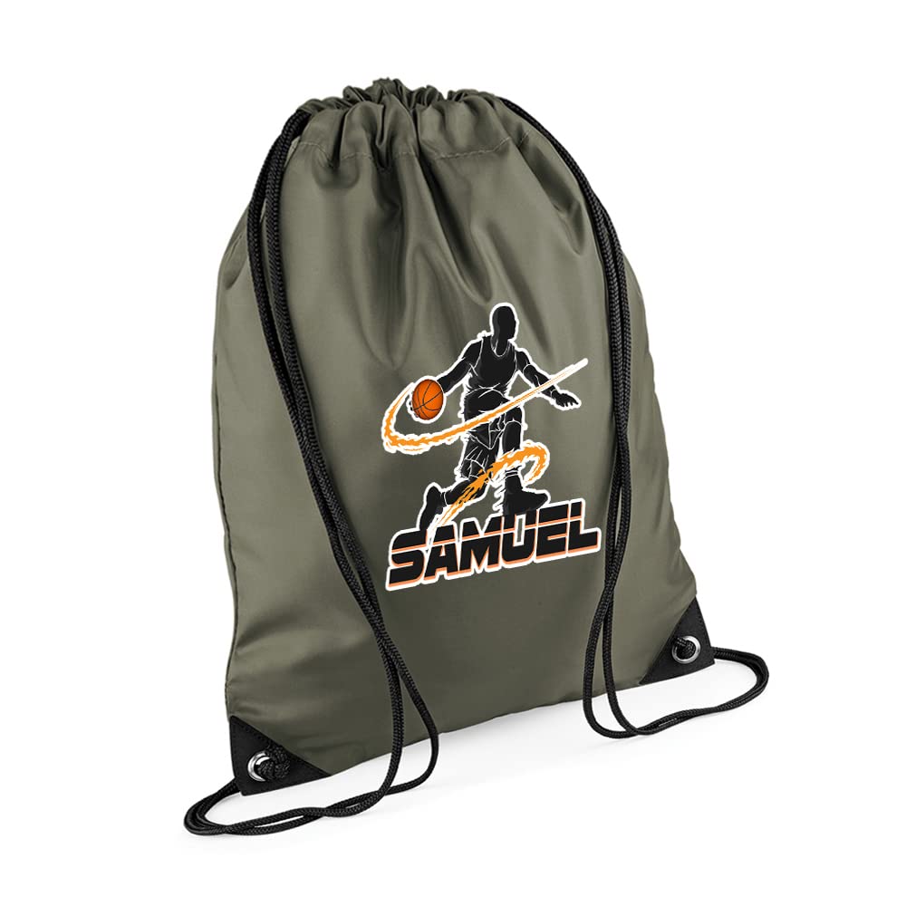 Personalised Basketball Player ANY NAME Sports Lover Gift for Men, Boy, Friend, Birthday present Drawstring Bag, PE Gym Kit Swimming, Sport Rucksack. (Olive Green) โ image 1