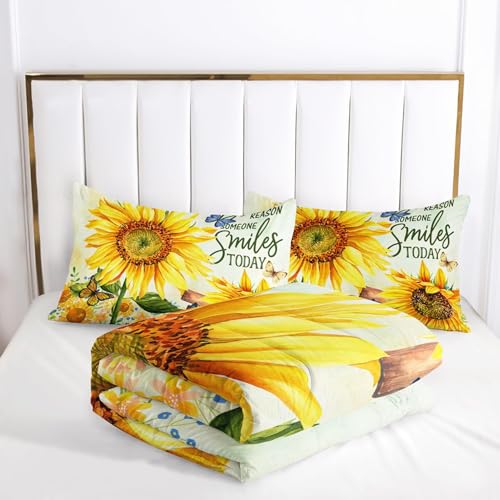 Image of AILONEN Sunflower Comforter Set Queen Size, Garden Floral Bedding Set, Yellow Butterfly Duvet Set 3 Pieces - 1 Quilt and 2 Pillowcases