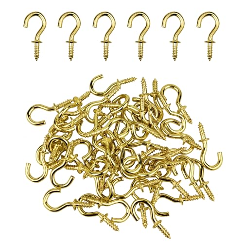 50 Pcs Ceiling Hooks, 1/2 Inch Small Screw Hooks Cup Hooks Screw in for Jewelries Crafts Keys Caps Cups (Gold)