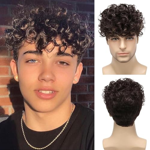 Braun Locken Kurze Perücke für Herren synthetische hitzebeständige Kostüm-Perücke Herren Alltag Cosplay Party