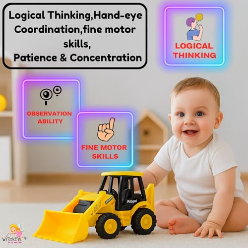 Image of WISHKEY 2-in-1 Friction Powered Bulldozer Truck JCB Excavator Toy Go Construction Vehicle with 180 Rotatable Shovel Big Rubber Wheels Heavy Duty Unbreakable Engineering Car for Kids