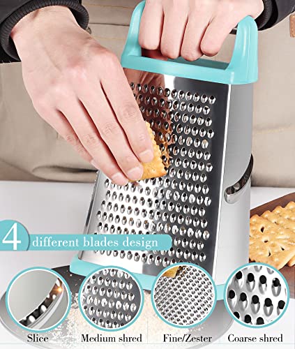 Ourokhome-Cheese-Grater-with-Handle-Stainless-Steel-Box-Grater-4-Side-Kitchen-Vegetable-Shredder-Slicer-Zester-with-Container-for-Parmesan-Cabbage-Ginger-Lemon-Chocolate-Coconut-Teal