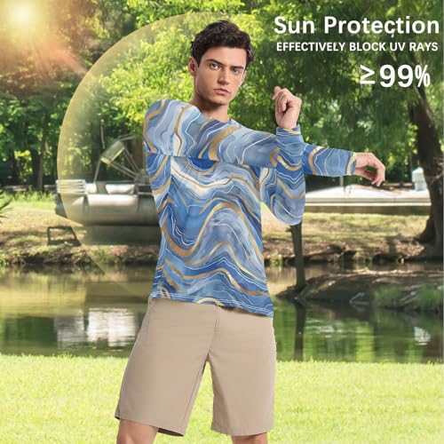 Bolaz Mens UV Protection Shirts Rash Guard Long Sleeve UPF 50+ Blue Gold White Watercolor Quick Dry S4