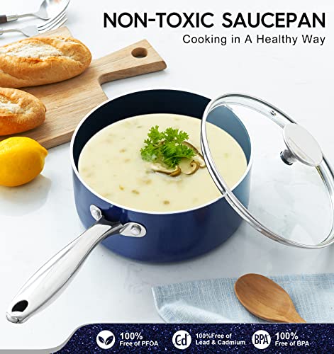 Michelangelo Saucepan Set, 1Qt & 2Qt Ceramic Sauce Pan With Lid, Nonstick Saucepans With Lids, Small Pot With Stainless Steel Handle, Oven Safe, Blue #TOP3
