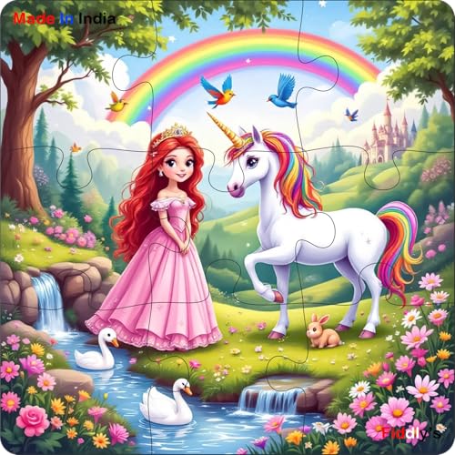 Image of Fiddlys Single Layered Wooden Jigsaw Puzzle Games for Children & Kids - 9 Pieces Age 3 4 5 6 Years Old Girls & Boys Animals Jigsaw Puzzle (Pack of 4 Unicorn & Princess)