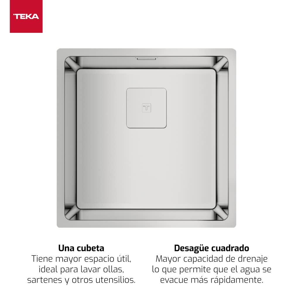 TEKA Fregadero Cocina 1 Cubeta 40cm, Acero Inoxidable, Triple Instalación: Encastre, Enrasar o Bajo Encimera, Profundidad 200mm, Mueble 50cm, Válvula Canasta y Sifón, Modelo FlexLinea RS15 40.40