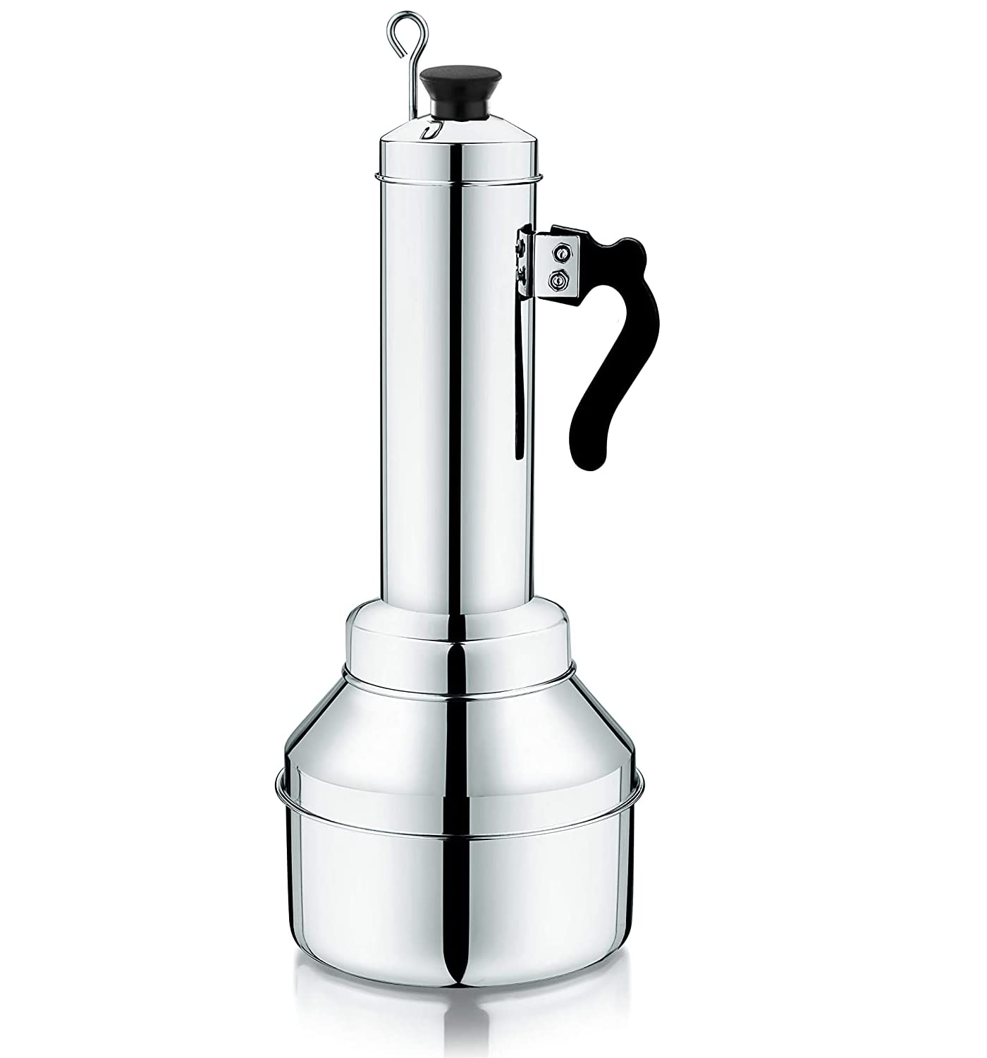 PGD Stainless Steel Premium Puttu Kodam Puttu Maker with Puttu Making vessel (kuzha) Steamer Plate, Metal Stick, Black Plastic Handle, Silver Lid & Bakelite knob - Assembly Required, 1.5 Liter, 14 Cm
