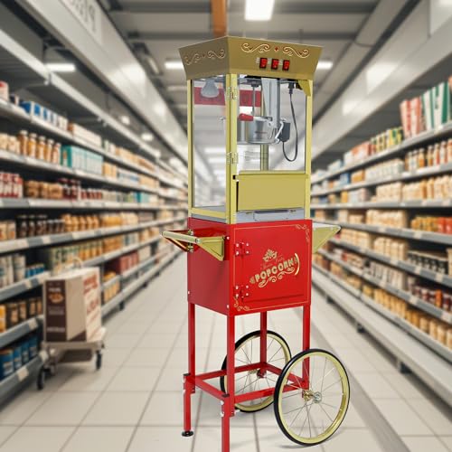Image of Montary 12 Oz Commercial Popcorn Machine with Cart,Vintage Style Popcorn maker Equipped with Popcorn Scoops, Heated Deck & Storage for Home Movie House and Carnival,Red