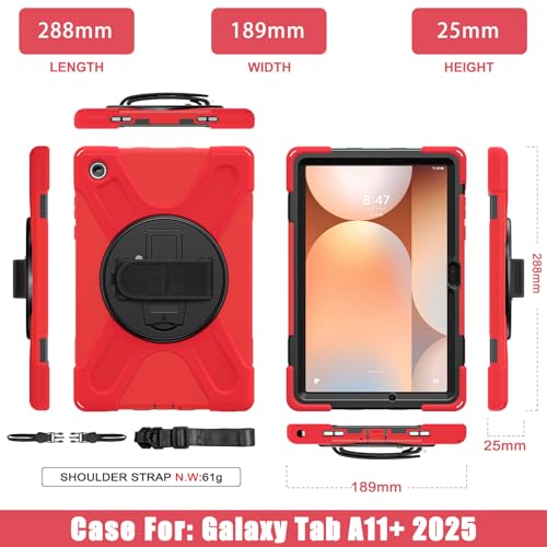 Image of ProElite Cover for Galaxy Tab A11 Plus 11 inch 2025 Cover, Rugged 3 Layer Armor case Cover for Galaxy Tab A11+ 11 inch 2025 with Hand Grip & Rotating Kickstand with Shoulder Strap, Red