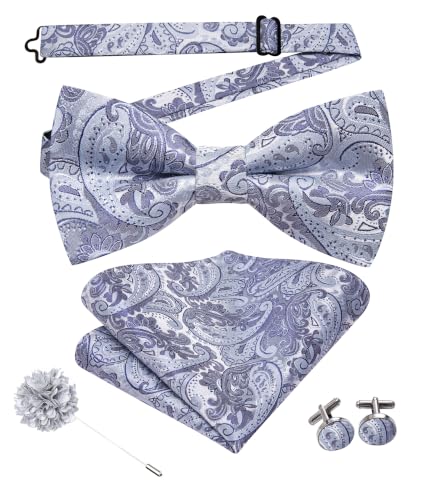 Image of Hi-Tie Bow Ties for Men Pre-Tied Pocket Square with Cufflinks Mens Bowtie Sets for Wedding Formal Party