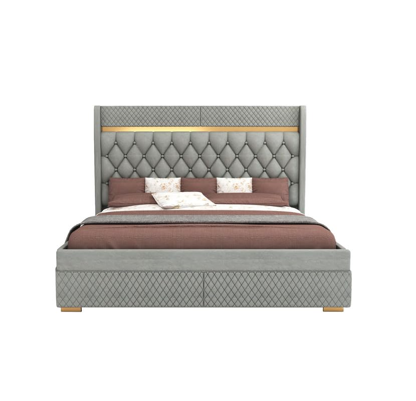 Image of MAMTA DECORATION Solid Wood Queen Size Bed with Hydraulic Box Storage | Premium Velvet Upholstered Tufted Headboard Double Bed | Wooden Cot Bed for Bedroom, Home, Hotel & Guest Room | Grey Finish
