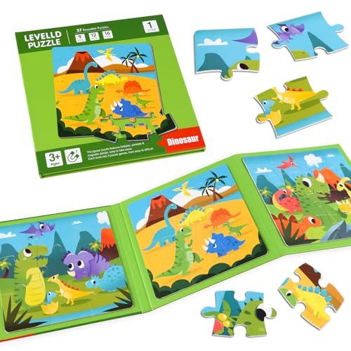 Image of ASTARON Magnetic Puzzles,61 Pieces Dinosaur Kids Educational Travel Toys | Folding puzzle book, each book contains 3 scenes, 3 difficulty levels, advanced puzzle book, easy to store, educational toy