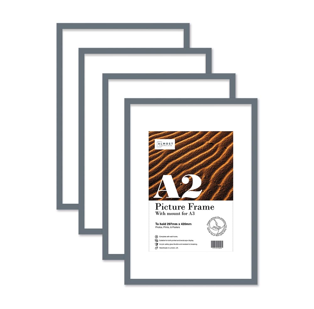 Almost Frameless Grey A2 Picture Frame Set Of 4, Display A3 Pictures With Mount Or A5 Without Mount Gallery Wall, Poster, Photo, Artwork, Or Print,
