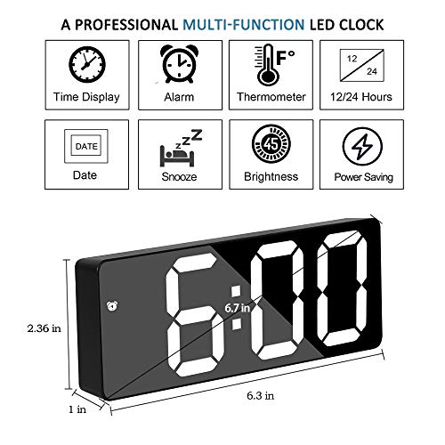 H Jshenly Smart Digital Alarm Clocks For Bedrooms, 6.7'' Led Screen, Snooze, Dimmable, Temperature, Date, 12/24Hr, Small Electronic Desk Clock For Kitchen Office (White) #TOP3