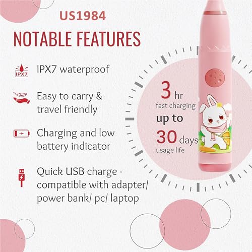 Image of Sonic Electric Toothbrush for Kids with 4 Modes, 3 Brush Heads & Rechargeable Battery, Ultra Soft Nylon Bristles, IPX7 Waterproof, Electric Power Tooth brush (Pink)