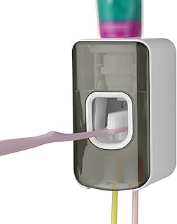 2 Slot Toothbrush Holder and Toothpaste Dispenser Wall Mounted, Automatic Toothpaste Squeezer, 2 in 1 Tooth Brush Toothpaste Organizer for Shower (Grey)