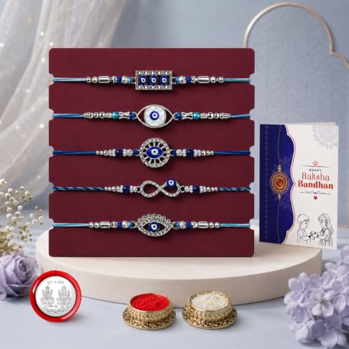 Image of Oblivion 5 Mixed Rakhi Combo for Bhaiya with Roli Tikka, Silver Color Pooja Coin & Greeting Card | Handmade Multicolor Beads Thread Design, Traditional Rakshabandhan Festive Gift Set, Pack of 8