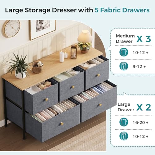 Image of OLIXIS 5 Drawer Dresser for Bedroom, Storage Organizer Unit for Closet | Chest of Drawers for Clothes Storage with Bins, Wide Fabric Bedroom Dresser, Wooden Top, Living Room, Gray Blue